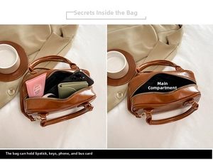 Vue intérieure du sac Boston en cuir marron montrant le compartiment principal et le contenu