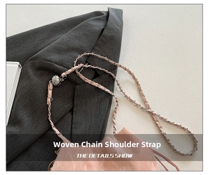 Detail of woven chain strap featuring silver metal with pink leather and vintage bead