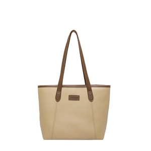 Large beige tote bag with brown straps for women, minimalist shoulder bag for office commuting