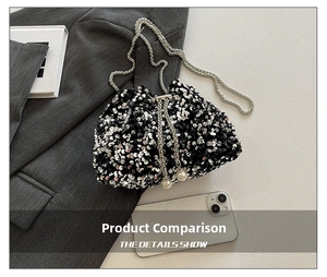 Detail of sequin bucket bag featuring silver chain strap and pearl drawstring tassels