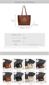 Detailed size chart and multi-color options for textured PU leather tote bag
