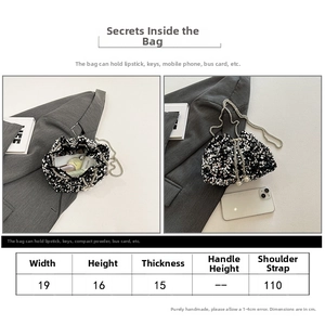 Size chart for sequin bucket bag featuring width 19cm height 16cm and chain strap details