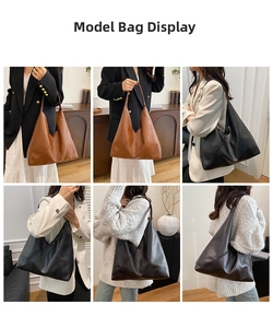 Three minimalist large leather tote bags in brown, black, and coffee shown on models