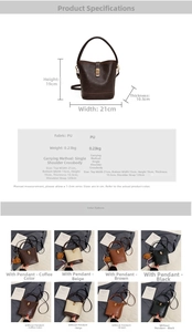 Detailed size chart and multi-color options for the vintage PU leather bucket bag