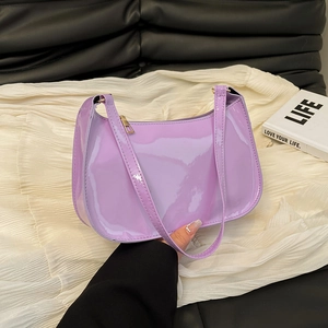 Minimalist purple patent leather shoulder bag with glossy finish and golden zipper details