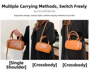 Detail view of brown vintage pillow bag showing handheld, shoulder and crossbody styles