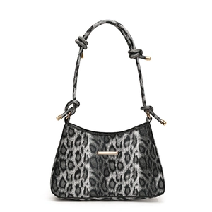 Retro leopard print shoulder bag with knotted rope strap and gold metal hardware accents