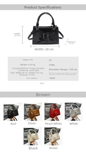 Size chart and specifications for heart detail PU leather handbag with six color options