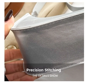 Detail of gray pebble leather bag showing precision stitching and refined texture