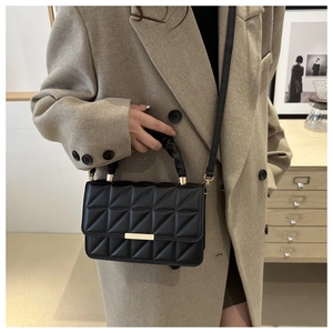 Classic black quilted crossbody bag with gold hardware and stylish pleated handle