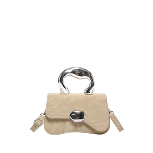 Chic beige ruched leather handbag with unique silver metal handle and heart buckle
