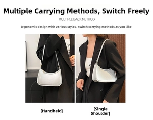 Detail of silver half-moon underarm bag showing faux-leather texture and dual-carry styles