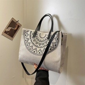 Large Capacity Tote Bag Canvas Linen Bohemian Geometric Mandala Print Shoulder Handbag For Women Daily Commute Vintage