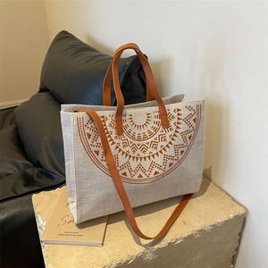 Ethnic style canvas tote bag with geometric print and leather straps for women
