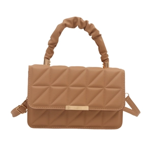 Latte brown quilted crossbody bag with pleated handle and golden metal hardware