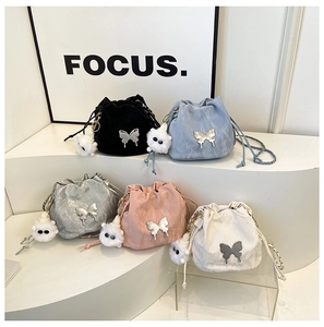 Chic drawstring bucket bags in five colors with metal butterfly and plush charms
