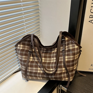 Classic brown plaid canvas tote bag with leather straps for women's daily commute