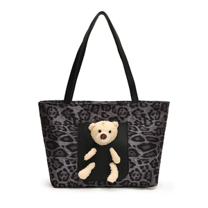 Chic leopard print tote bag with 3D teddy bear detail and black leather shoulder straps