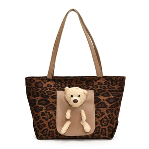 Large leopard print tote bag with a cute 3D plush bear head and brown shoulder straps