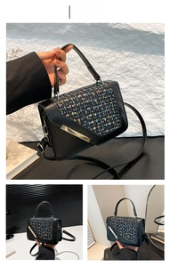 Detail of black leather and colorful tweed patchwork square bag with gold metal buckle
