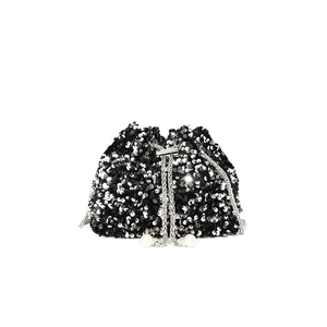 Sparkling sequin bucket bag with silver chain drawstring and pearl accents in black