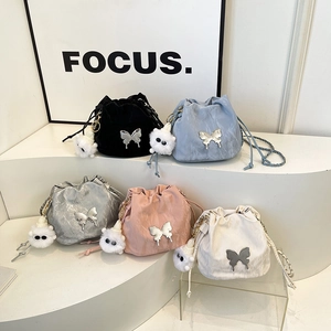 Women Bucket Bag Wrinkled PU Leather Drawstring Shoulder Crossbody Bag Metal Butterfly Y2K Trendy With Plush Charm