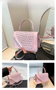 Detailed close-up of pink tweed patchwork crossbody bag with gold metal rod accent