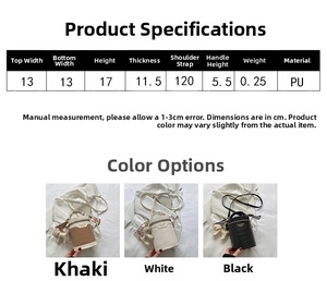 Size guide for PU leather bucket bag showing dimensions and khaki, white, black options