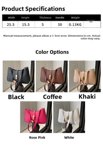 Detailed size specifications and 5 available colors for the casual PU baguette underarm bag