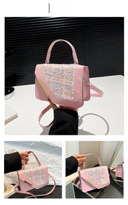 Detail of pink PU leather handbag featuring colorful tweed flap and gold metal trim