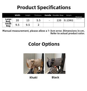 Size chart for houndstooth bag set detailing dimensions and specifications for two bags