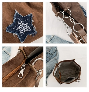 Detail view of suede tote bag featuring denim star patch and metal chain strap