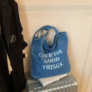Blue denim tote bag with Catch The Good Things text, American casual large shoulder bag