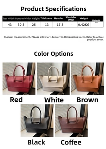 Size chart and dimensions for the large PU leather tote bag with five color options