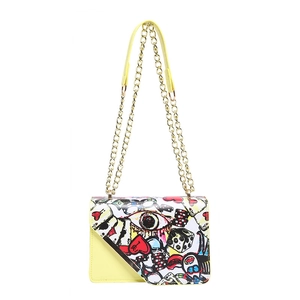 Yellow pop art graffiti crossbody bag with golden chain and artistic prints