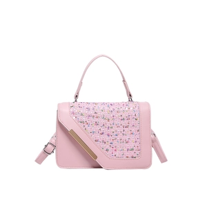 Chic pink tweed square crossbody bag with gold metal hardware and top handle for women