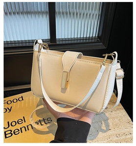 Detail of cream rectangular bag with gold metal buckle and dual strap versatility