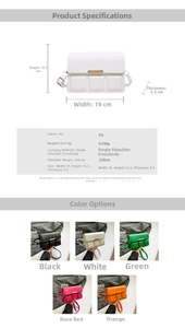 Detailed size chart and specifications for PU leather crossbody bag in five colors