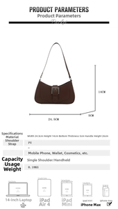 Detailed product dimensions and capacity chart for the brown vintage PU baguette bag
