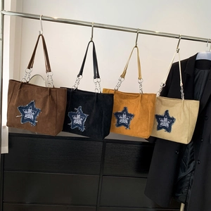 Large Capacity Tote Bag Suede Denim Star Patch Metal Chain Casual Retro Street Style Women Daily