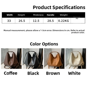 Detailed size chart and four color options for the ruched large capacity tote bag