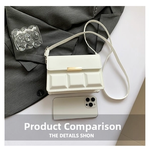 Close-up of white minimalist crossbody bag with gold bar and smartphone for size reference