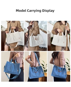 Detail shots of off-white and blue corduroy tote bags with dual pockets and versatile straps