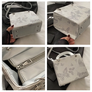 Detailed view of silver butterfly square bag with metal handle and protective feet