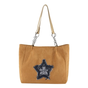 Brown suede tote bag with blue denim star patch and chain straps in American retro style
