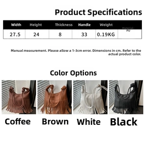 Tabla de tallas y cuatro opciones de color para el bolso tote de flecos en cuero sintético PU