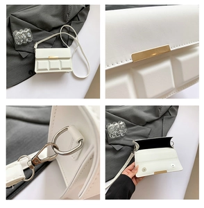 Detailed views of white crossbody bag with geometric relief pattern and magnetic closure