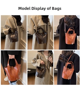 Vues détaillées du grand sac seau vintage en cuir dans les tons marron café et orange brun