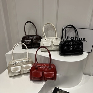 Women Shoulder Bag PU Leather Glossy Finish Front Pockets Retro Y2K Style Underarm Handbag Elegant Chic Commuter