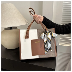 Minimalist large-capacity patchwork tote bag with fashion print scarf and leather handles